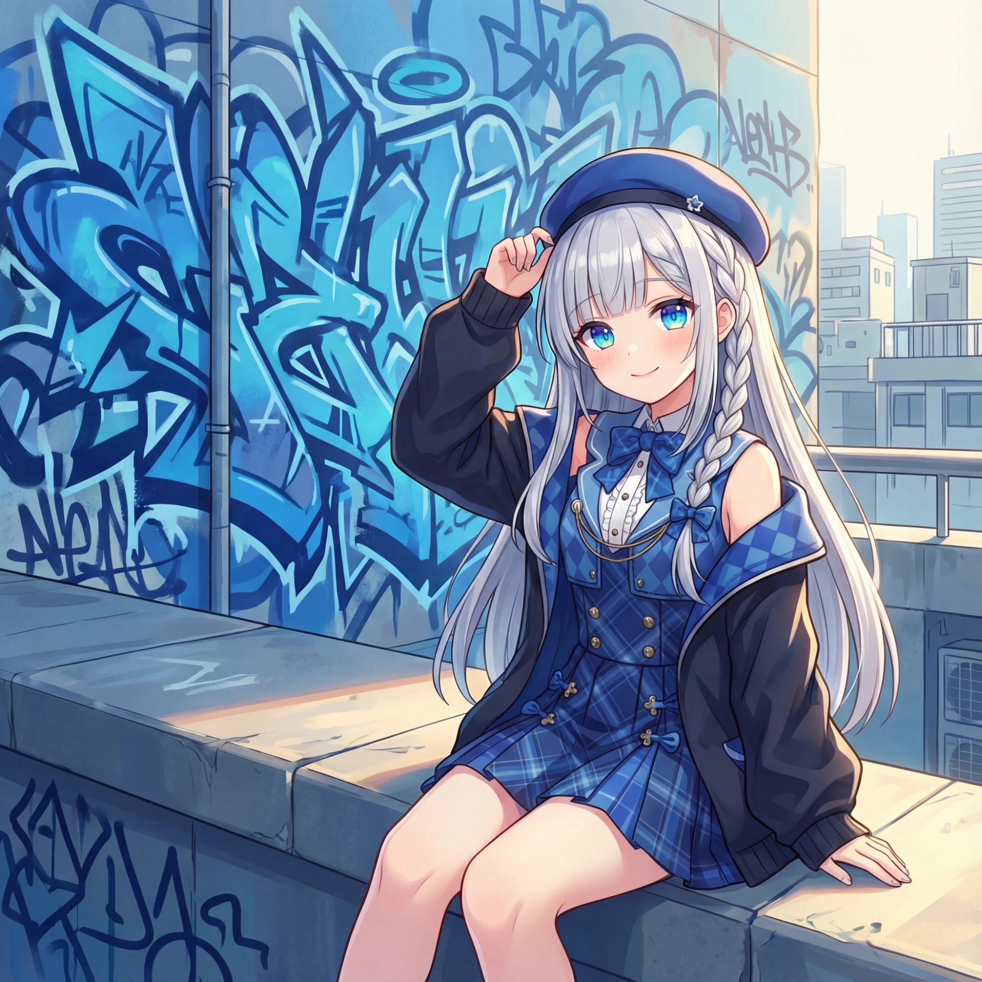 青いグラフィティが描かれた街の空間に座るNyano