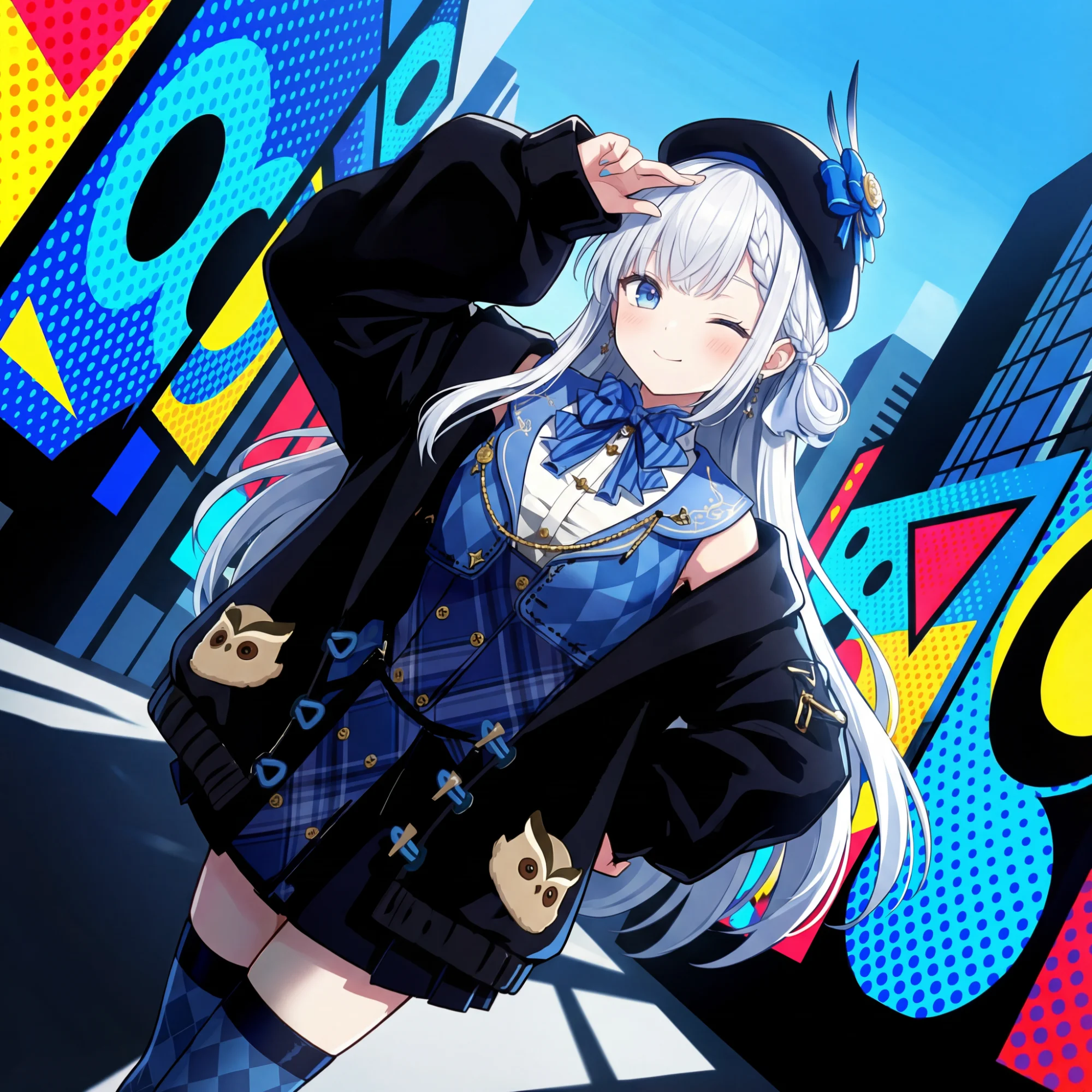 鮮やかなポップアートを背景にした全身姿のNyano