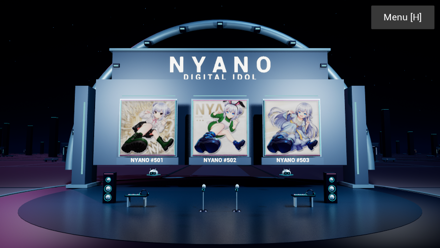 UE5 Windows版の中央ライブステージ。厚みのある青いステージ背景とNyanoの原画が並ぶ。